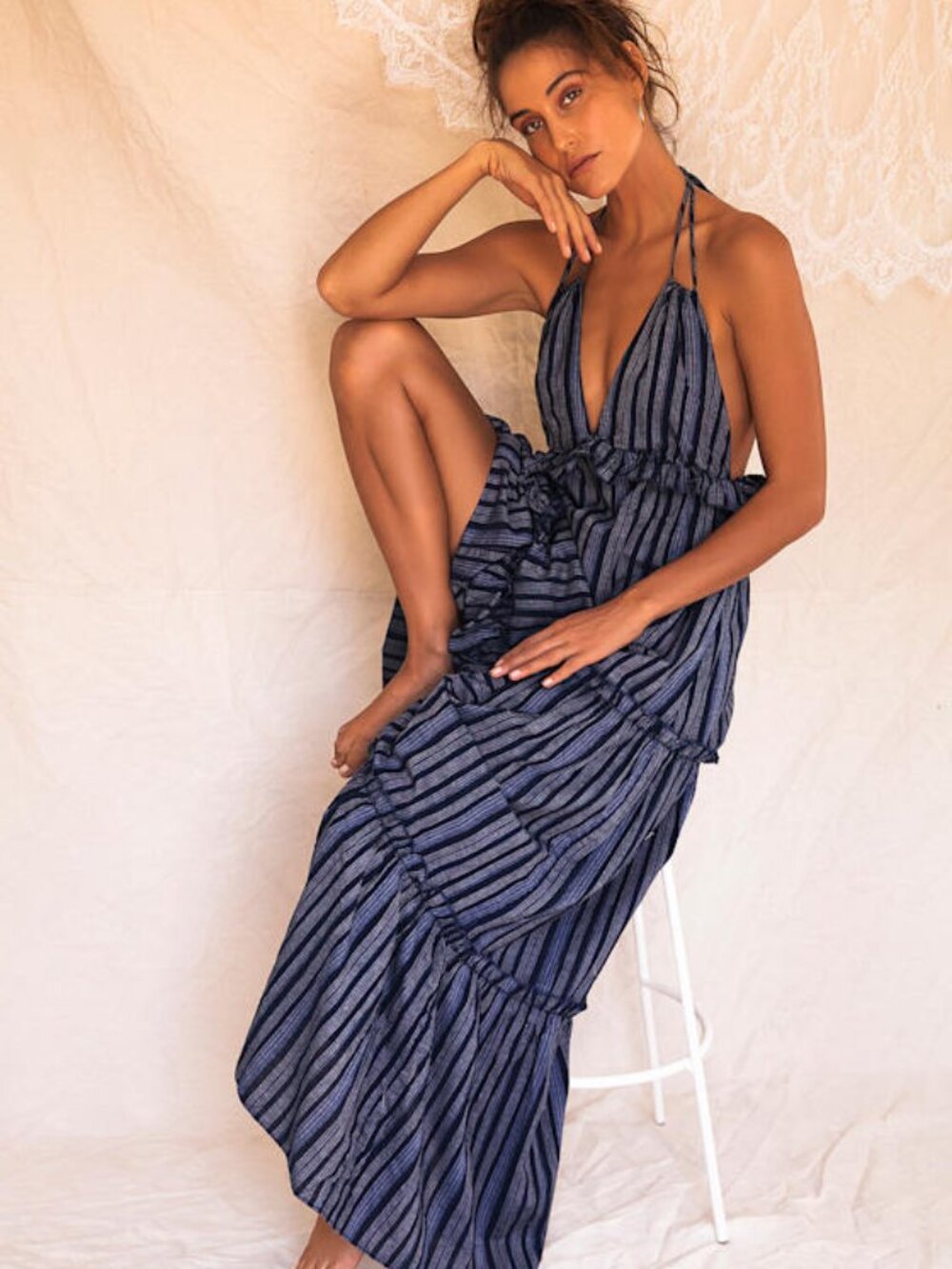 Lulus Vacay Babe Navy Blue Striped Halter Maxi Dress - Size M - Worn Once